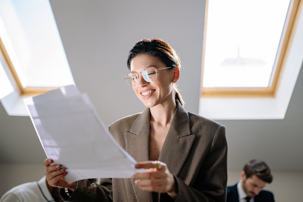 Smiling woman wearing eyeglasses examining paperwork in modern office setting.